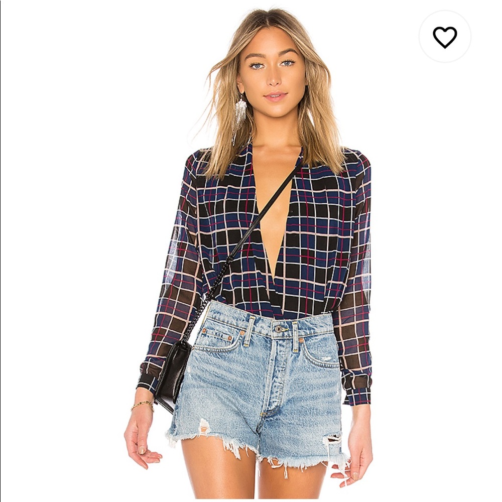 Lovers + Friends Navy Plaid Deep V Blouse